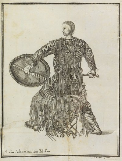 Um xamã. Da Descrição do país Kamchatka, c. 1750. de Steller
