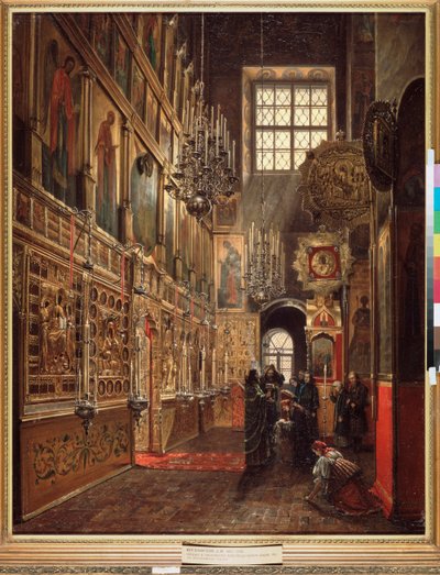 Uma missa na Catedral da Anunciação no Kremlin de Moscou - Pintura de Stepan Mikhailovich Shukhvostov (1821-1908), óleo sobre tela de Stepan Mikhailovich Shukhvostov