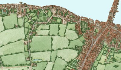 Bankside e Southwark, Londres, cerca de 1600-25, 2021 (tinta e aguarela, digital) de Stephen Conlin