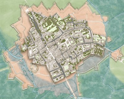 Oxford moderna sobre as defesas da Guerra Civil, c.1644-1646 (tinta, aguarela, edição digital) de Stephen Conlin