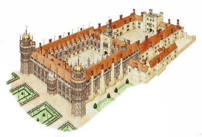 Palácio de Nonsuch, Surrey, c.1540-1600 (tinta e aguarela) de Stephen Conlin