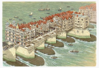 Ponte velha de Londres (parte central), c.1580-1600 (tinta e aguarela) de Stephen Conlin