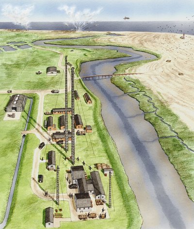 Orford Ness, Suffolk, c.1935-1945 (tinta, aerógrafo, aguarela) de Stephen Conlin