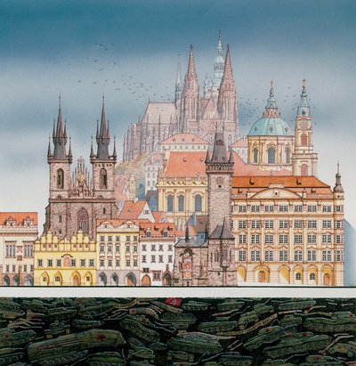 Edifícios de Praga e tanques russos, c.1980-1991 (tinta e aguarela) de Stephen Conlin
