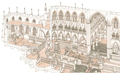 O coro da abadia de Westminster aquando da coroação do rei Henrique IV em 1399, 2023 (tinta e aguarela) de Stephen Conlin