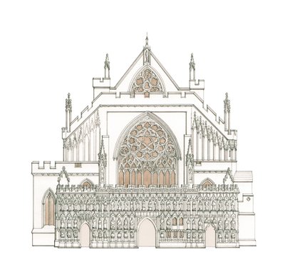 A fachada oeste da Catedral de Exeter, Devon (desenhada em 2002), c.1900-2023 (tinta e aguarela) de Stephen Conlin