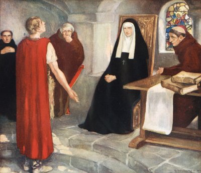 Caedmon diante de Santa Hilda (cor litho) de Stephen Reid