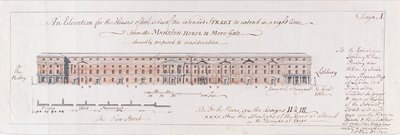 Projeto para as Casas de ambos os lados da Rua destinada a se estender em uma linha reta da Casa da Mansão para o Mais-Portão humildemente proposto para consideração, 1762 (wc sobre caneta e grafite sobre papel) de Stephen Riou
