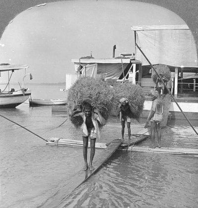 Descarregando uma embarcação no rio Irrawaddy, Birmânia, 1908 de Stereo Travel Co