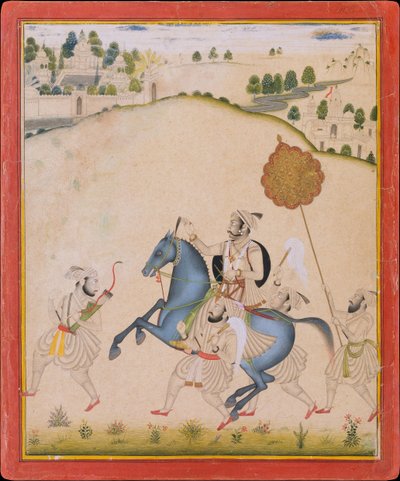 Maharana Amar Singh II montando um cavalo de Jodhpur, ca. 1700-1710. de Stipple Master