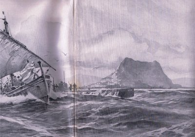 Submarino alemão viajando pelo estreito de Gibralter a caminho de Dardenelles, de The Illustrated History of the World War 1914-1915 pub. por Union Berlagsefellfchaft de Willy Stoewer 