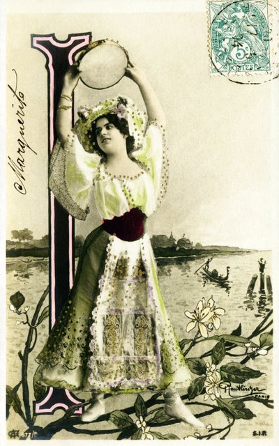 I: Mlle Fischer, artista dos anos 1900 - AAlfabeto em cartão postal de Studio Reutlinger