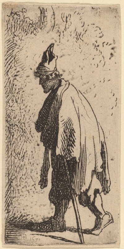 Mendigo com uma vara, andando para a esquerda de Studio of Rembrandt van Rijn