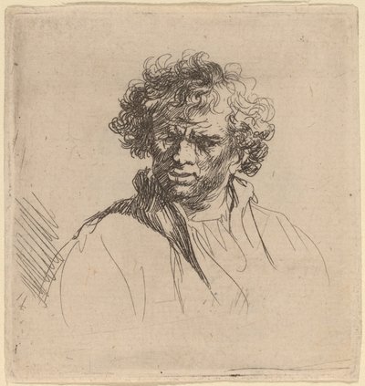 Homem de cabeça encaracolada com uma boca torta de Studio of Rembrandt van Rijn