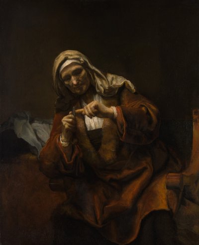 Velha cortando as unhas, ca. 1655-60. de Style of Rembrandt