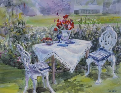Papoulas e pano branco, 1997, (guache no cartão) de Sue Wales