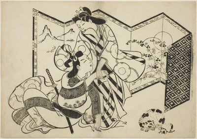 Amantes, um gato e um rato na frente de uma tela dobrável de Sugimura Jihei