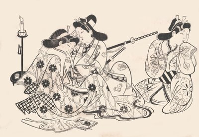 Samurai e cortesã sentados, um servo ao lado deles, ca. 1685., c. 1685. de Sugimura Jihei
