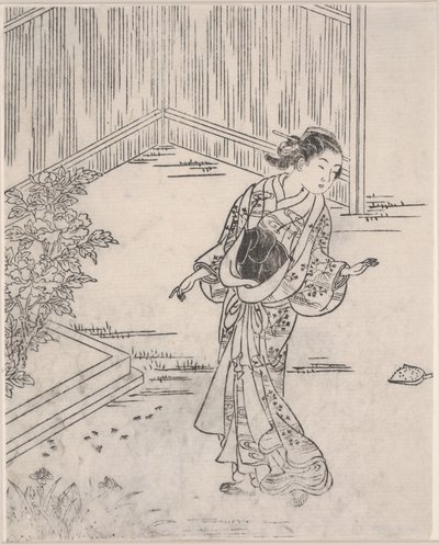 Gueixa no verão (xilogravura) de Sukenobu Nishikawa