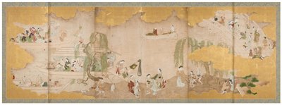 Piquenique sob cerejeiras em flor e
Passeio de barco no rio, meados do século XVIII (par de telas de seis painéis; tinta, cor e ouro
sobre papel) de Sukenobu Nishikawa
