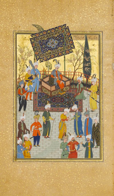 Khusrau Sentado em seu Trono, Fólio 64 de um Khamsa Quinteto de Nizami, A.H. 931AD. 1524-25. Criadores: Sultan Muhammad Nur, Mahmud Muzahhib, Shaikh Zada. de Sultan Muhammad Nur, Mahmud Muzahhib, Shaikh Zada