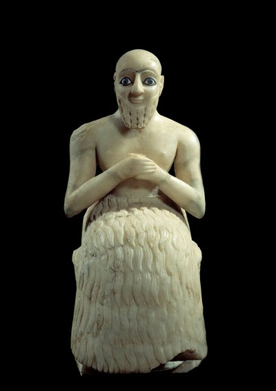 Art Mesopotamia: estátua do Intendente Ebih-il. Escultura de albastro, concha, lápis-lazúli e xisto, por volta de 2500 aC de Sumerian Mesopotamian School