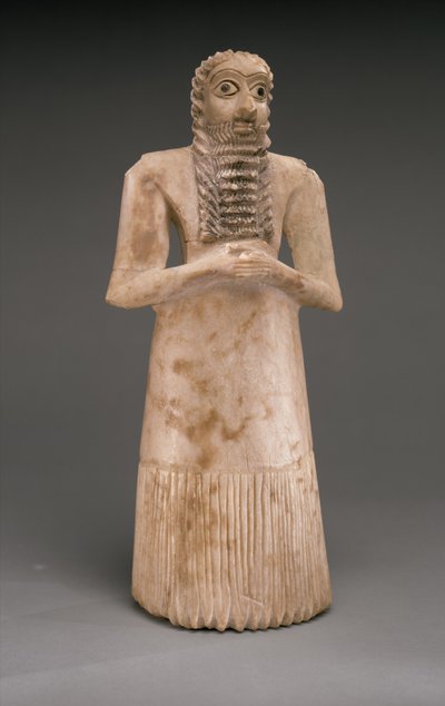 Adorador Masculino Permanente, Dinastia Primitiva, c.2900-2600 aC (alabastro de gesso, concha, pedra calcária preta, betume) de Sumerian