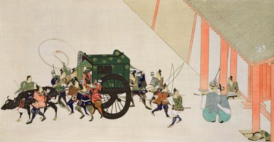 Um Imperador Fugindo de um Palácio Disfarçado de Mulher em Carruagem, cena de um romance cortês do período Heian, impressa na revista &39;The Kokka&39;, 1900-01 de Sumiyoshi Hirozumi Gukei