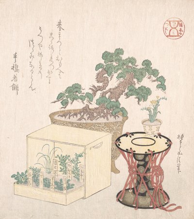 Pinheiro em vaso, Tambor e Sete Ervas Plantadas em Caixa, Séc. XVIII-XIX., Séc. XVIII-XIX. de Sunayama Gosei