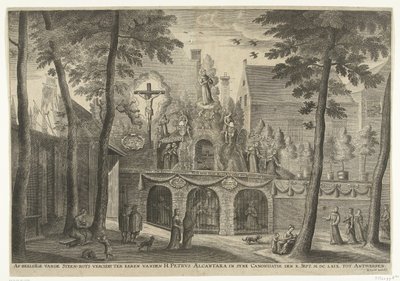Stellage erguido em Antuérpia por ocasião da canonização de Pedro de Alcântara em 1669 Representação da pedra-rocha em honra de São Pedro Alcântara na Canonização do X. Set. MDCLXIX para Antuérpia (título no objeto) de Susanna Verbruggen (possibly)
