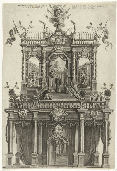 Porta triunfal erguida em Antuérpia por ocasião da canonização de Pedro de Alcântara em 1669
Triumphus Canonizationis S. Petri de Alcantara Ord. F.F. Minorum Antverp. 16 Sept. 1669 (título sobre o objecto) de Susanna Verbruggen (signed by artist)