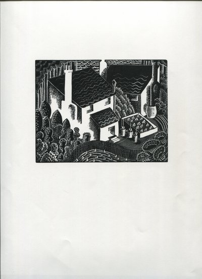 Jardins traseiros (gravura em madeira) de Suzanne Cooper