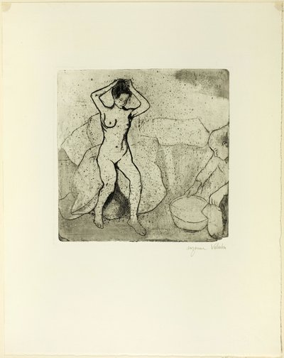Catherine prepara o banho e Louise, nua, arruma o cabelo de Suzanne Valadon