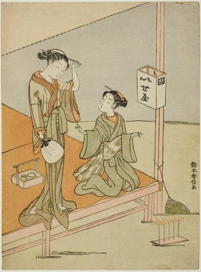 Uma cortesã e seu atendente no Riverside Teahouse Iseya de Suzuki Harunobu