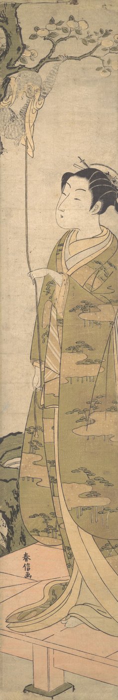 Uma mulher brincando com um macaco que subiu em uma árvore, c. 1770., c. 1770. de Suzuki Harunobu