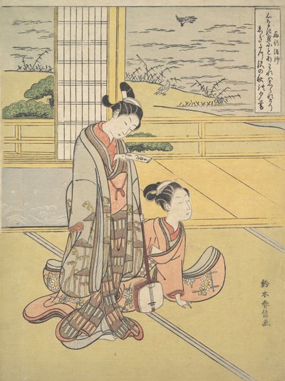 Um jovem e uma mulher com um Shamisen, Monk Saigyo, de uma série alusiva ao Thre..., c. 1768. de Suzuki Harunobu