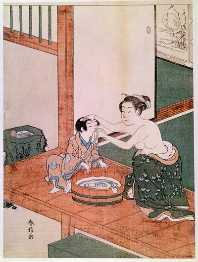 Uma mãe nua a lavar o seu filho no Japão perto de uma bacia cheia de água. Impressões de Haronobu Suzuki (1725 -1770). 1766-1768. Dim. 0,27x0,201 m. Paris, Museu Guimet, Museu Nacional de Artes Asiáticas. de Suzuki Harunobu