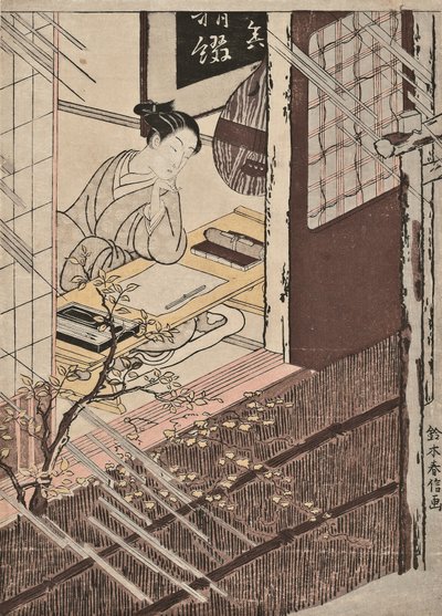Uma mulher sentada em uma escrivaninha olhando para a chuva de Suzuki Harunobu