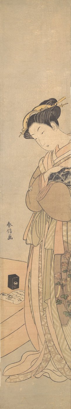 Um Oiran segurando um cão preto, ca. 1769., c. 1769. de Suzuki Harunobu