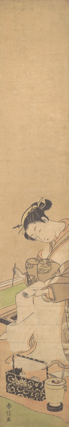 Um Oiran sentado em uma cama, escrevendo uma carta, c. 1769., c. 1769. de Suzuki Harunobu