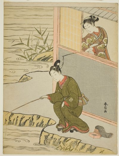Beleza provocando um jovem pescando de Suzuki Harunobu