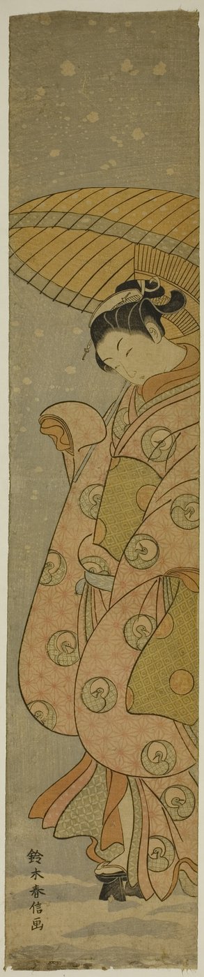 Beleza sob um guarda-chuva na neve de Suzuki Harunobu