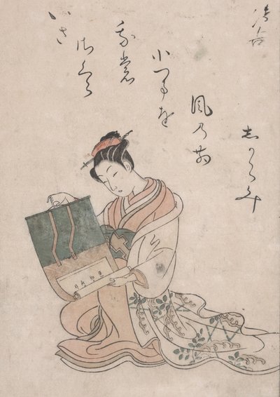 Beauty Unrolling Scroll, c.1770 (xilogravura colorida em papel japonês) de Suzuki Harunobu