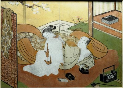 Casal de amantes deitados num interior com ecrã, caixa de caligrafia Nishiki-e print (Nishiki e) de Suzuki Harunobu (1725-around 1770) 1765 aproximadamente. Sol. 20,6x27,8 cm Colecção privada de Suzuki Harunobu
