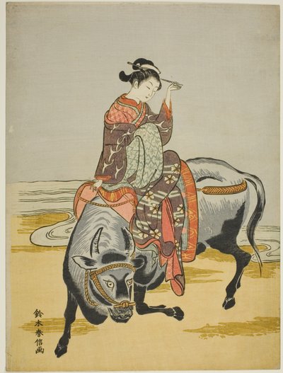 Cortesã montando um boi de Suzuki Harunobu