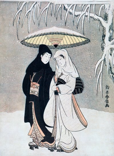 Corvo e garça-real, ou jovens amantes caminhando juntos sob um guarda-chuva em uma tempestade de neve, c1769. de Suzuki Harunobu
