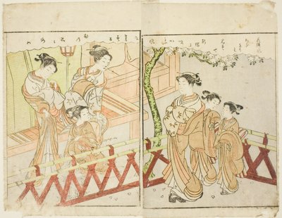 Ilustração de página dupla do vol. 2 de "Livro de imagens de brocados de primavera (Ehon haru no nishiki)" de Suzuki Harunobu