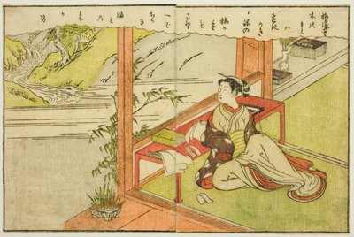 Ilustração de página dupla do vol. 2 de "Livro de imagens de brocados de primavera (Ehon haru no nishiki)" de Suzuki Harunobu