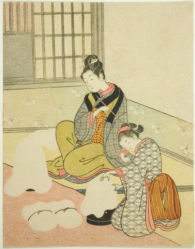 Evening Snow on a Floss Shaper (Nurioke no bosetsu), da série "Eight Views of the Parlor (Zashiki hakkei)" de Suzuki Harunobu