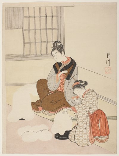 Evening Snow on a Floss Shaper (Nurioke no bosetsu), da série "Eight Views of the Parlor (Zashiki hakkei)" de Suzuki Harunobu